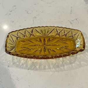 Vtg. Hazel Atlas Glass Prism Gold Celery Star Tray w/Fan Scalloped Edges/Relish